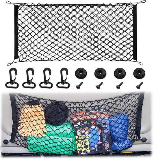 Cargo Net, Premium Dual-Layer Nylon Cargo Net for SUV, Automotive Exterior Accessories, Adjustable Elastic Trunk Net with Hook, Car Accessories for SUV, Truck, Pickup (35.4x15.7 Inch)