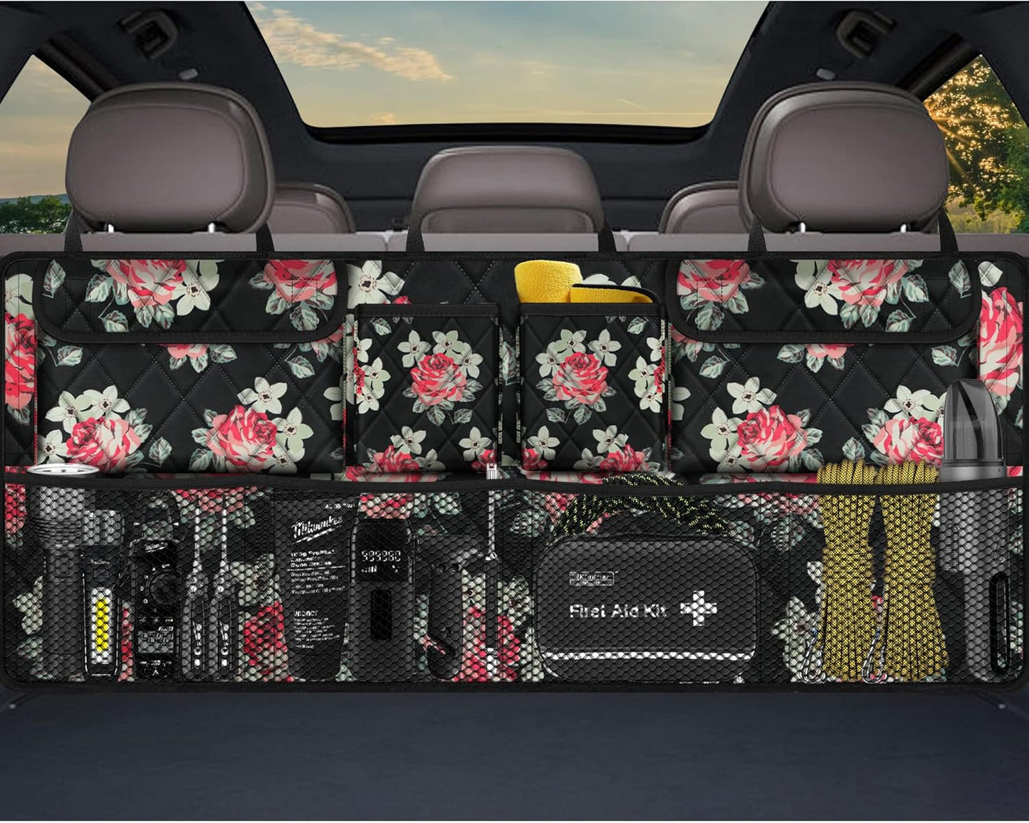 Femuar Car Trunk Organizer, Large Capacity Backseat Trunk Organizer (42"*18"), Collapsible Car Storage Bag with 8 Pockets, SUV/MPV/Truck - Black