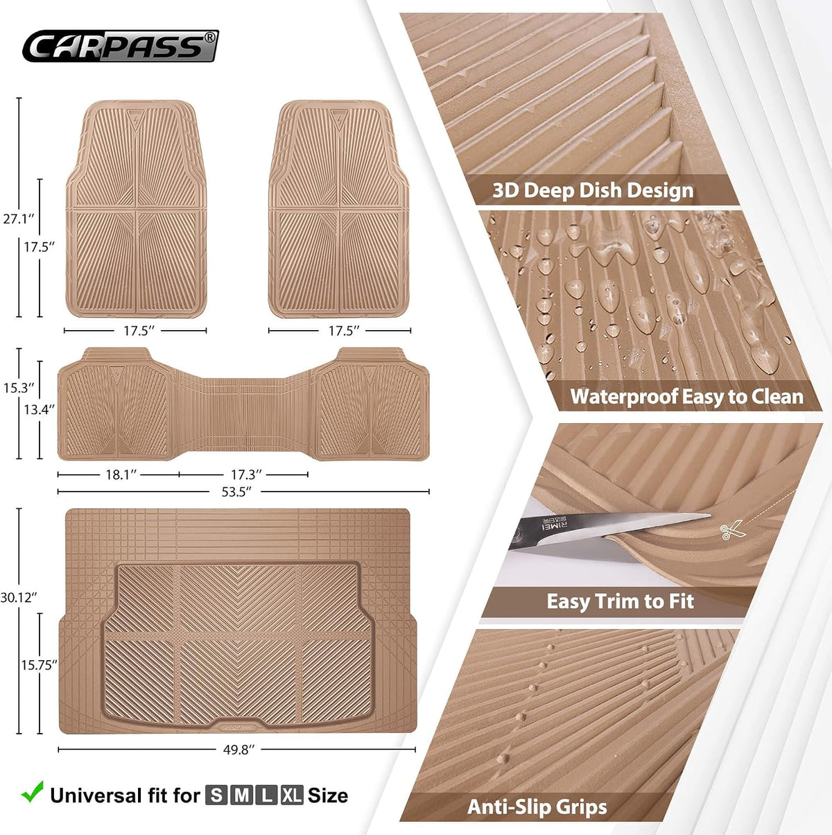 CAR PASS Rubber Floor Mats, All Weather Waterproof Trim-to-Fit Automotive Mats for Cars Trucks SUV, Anti-Slip Easy Clean, Heavy Duty Full Set 3-Piece, All Black