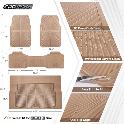 CAR PASS Rubber Floor Mats, All Weather Waterproof Trim-to-Fit Automotive Mats for Cars Trucks SUV, Anti-Slip Easy Clean, Heavy Duty Full Set 3-Piece, All Black