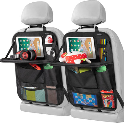 LUCMO Car Backseat Organizer with Tablet Holder,6 Storage Pockets Car Storage Organizer with Foldable Food Tray,Protectors Kick Mats Travel Accessories-Black
