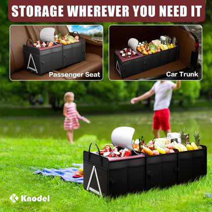 K KNODEL Sturdy Car Trunk Organizer with Premium Insulation Cooler Bag, 3 Compartments Heavy Duty Collapsible for Car, SUV, Truck, or Van (Large, Black)