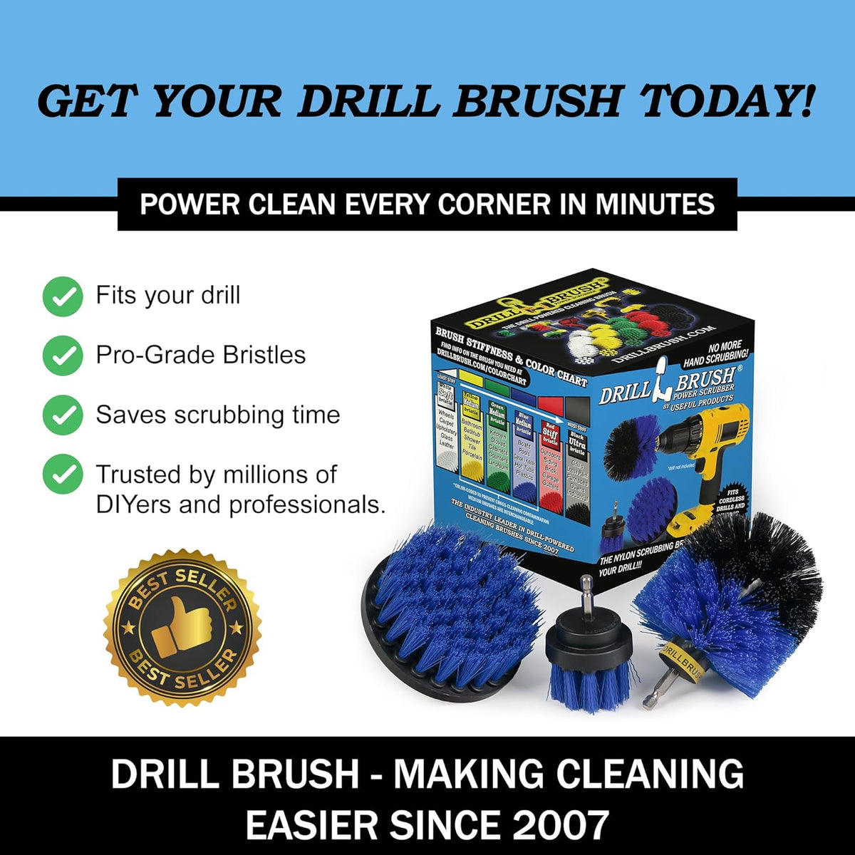 Drillbrush Car Detailing Kit | Drill Brush Set – Soft Bristle Power Scrubber Attachments for Cleaning Car Interior, Upholstery, Carpet, Seats, Wheels, Rims, Dash, Console, and Trim - Nylon Scrub Brush