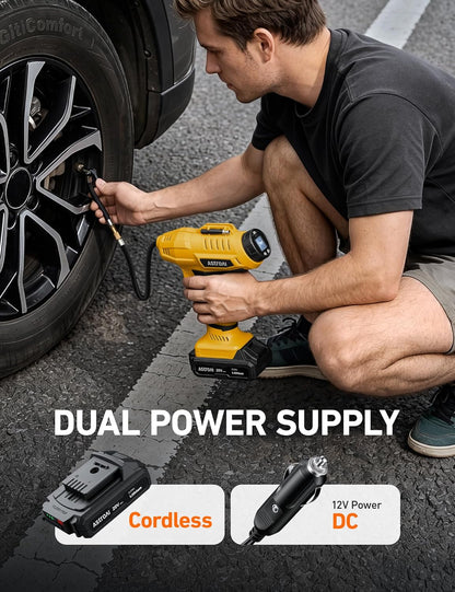 AstroAI Cordless Tire Inflator Portable Air Compressor Fast Inflation 160 PSI Air Pump 20V Rechargeable Battery Powered with 12V DC Adapter Digital Pressure Gauge for Cars Motorcycles Bikes Yellow