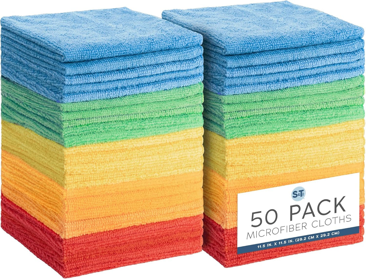 S&T INC. 150 Pack Microfiber Cleaning Cloth, Bulk Towels for Home, Reusable Microfiber Towels for Cars, Cleaning Rags, Assorted, 11.5 Inches x 11.5 Inches, 150 Count