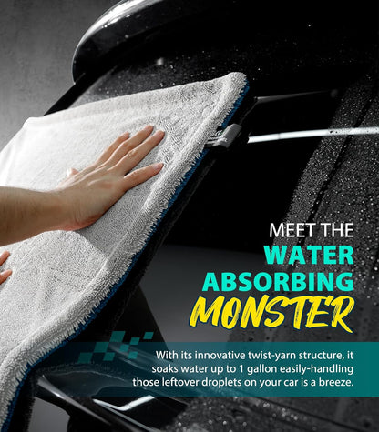 KKV Full-Sized SUV Drying Towel, 48”x24” Dual Sided Microfiber Car Cleaning Towel with Twisting Yarn Technique, 1400GSM Super Absorbent, Scratch-Free, Machine Washable (Darkgray-GreenYellow)