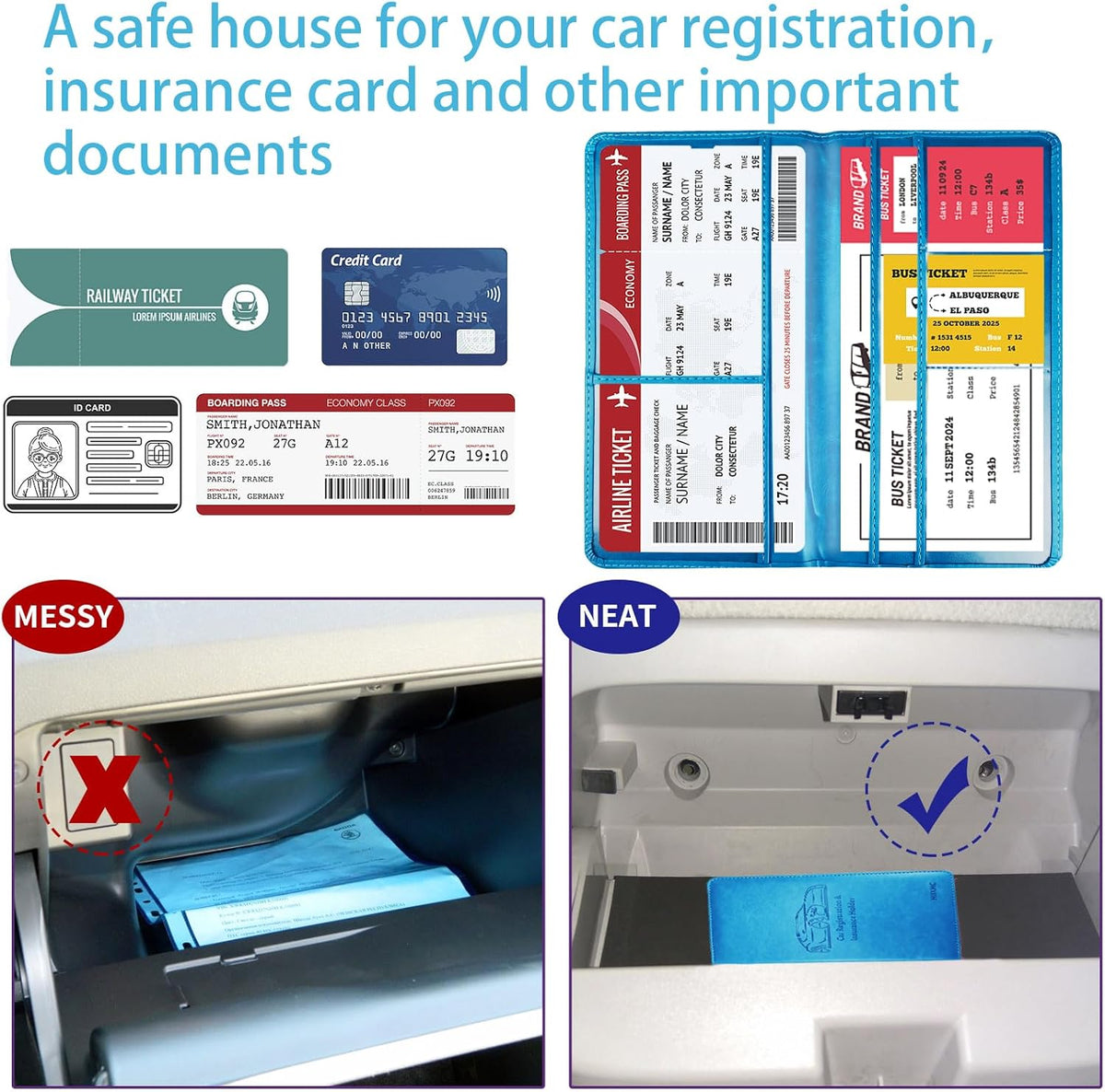 Car Registration and Insurance Card Holder - Leather Vehicle Glove Box Automobile Documents Paperwork Wallet Case Organizer for ID, Driver's License, Key, Cards - Car Accessories for Women&Men