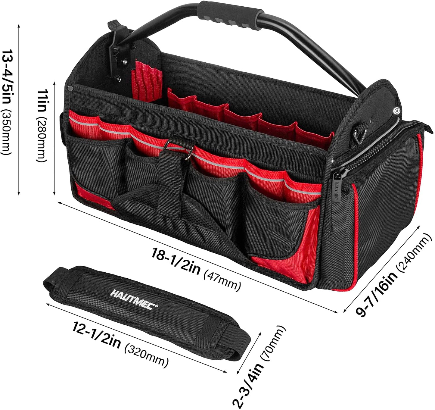 HAUTMEC 13 Inch Tool Bag, Foldable Open Top Tool Bag with Stiff Frame, Heavy-Duty Tool Tote with Padded Handle, Water-Resistant Base, Portable Tool Organizer for DIY & Jobsite Use – TB0001