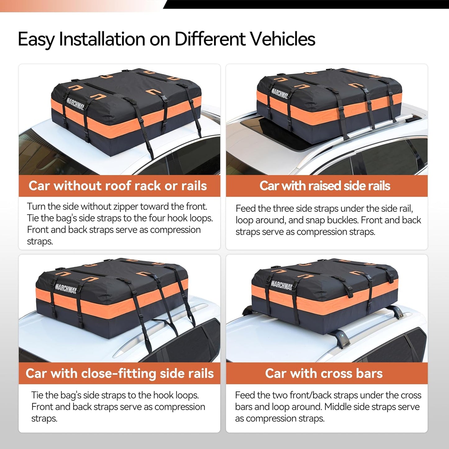 MARCHWAY Waterproof Car Roof Luggage Bag, Weatherproof Soft Shell Rooftop Cargo Carrier Bag for Vehicles with or Without Rack. 6 Door Hooks, Anti Slip Mat, Lock Included (21 Cubic Feet, Black)