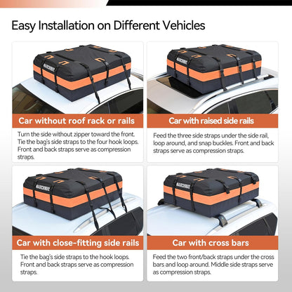 MARCHWAY Waterproof Car Roof Luggage Bag, Weatherproof Soft Shell Rooftop Cargo Carrier Bag for Vehicles with or Without Rack. 6 Door Hooks, Anti Slip Mat, Lock Included (21 Cubic Feet, Black)