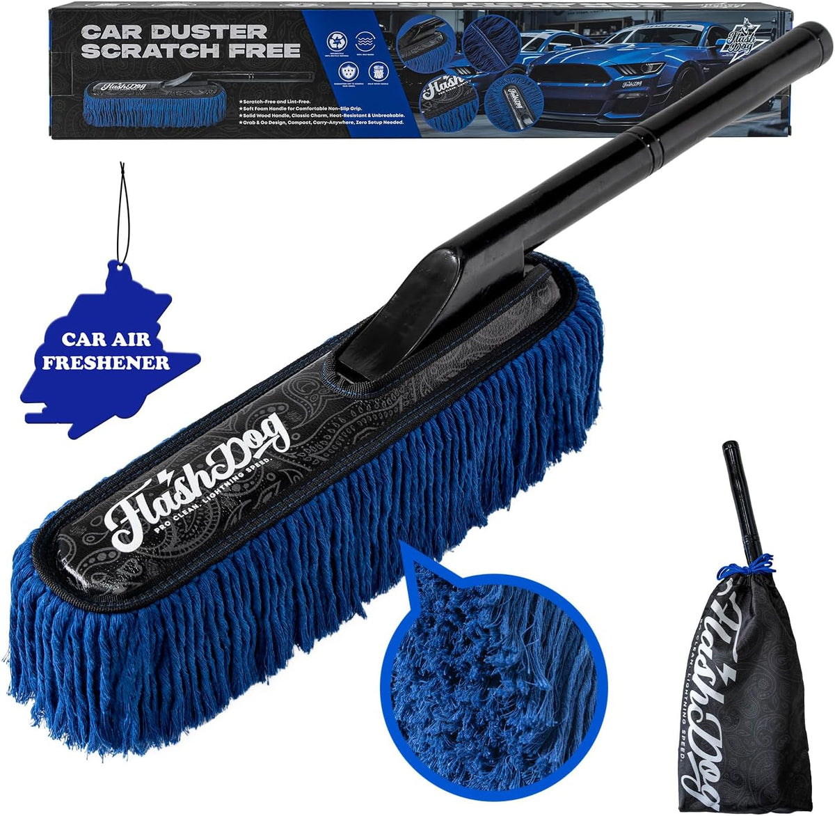 Flash Dog Car Duster Exterior with Car Duster Interior Wax Cotton Hair Scratch Free Cleaning for Cars, SUVs, Trucks | Waterless Dust Remover & Detailing Brushes Set with Storage
