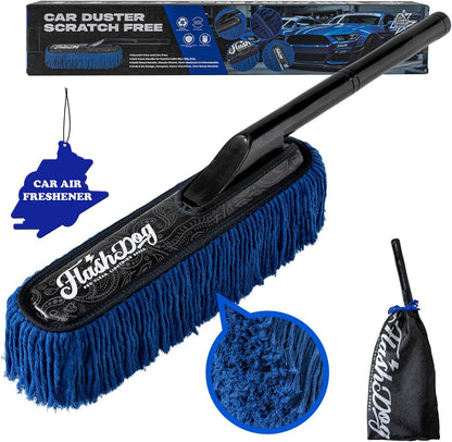 Flash Dog Car Duster Exterior with Car Duster Interior Wax Cotton Hair Scratch Free Cleaning for Cars, SUVs, Trucks | Waterless Dust Remover & Detailing Brushes Set with Storage