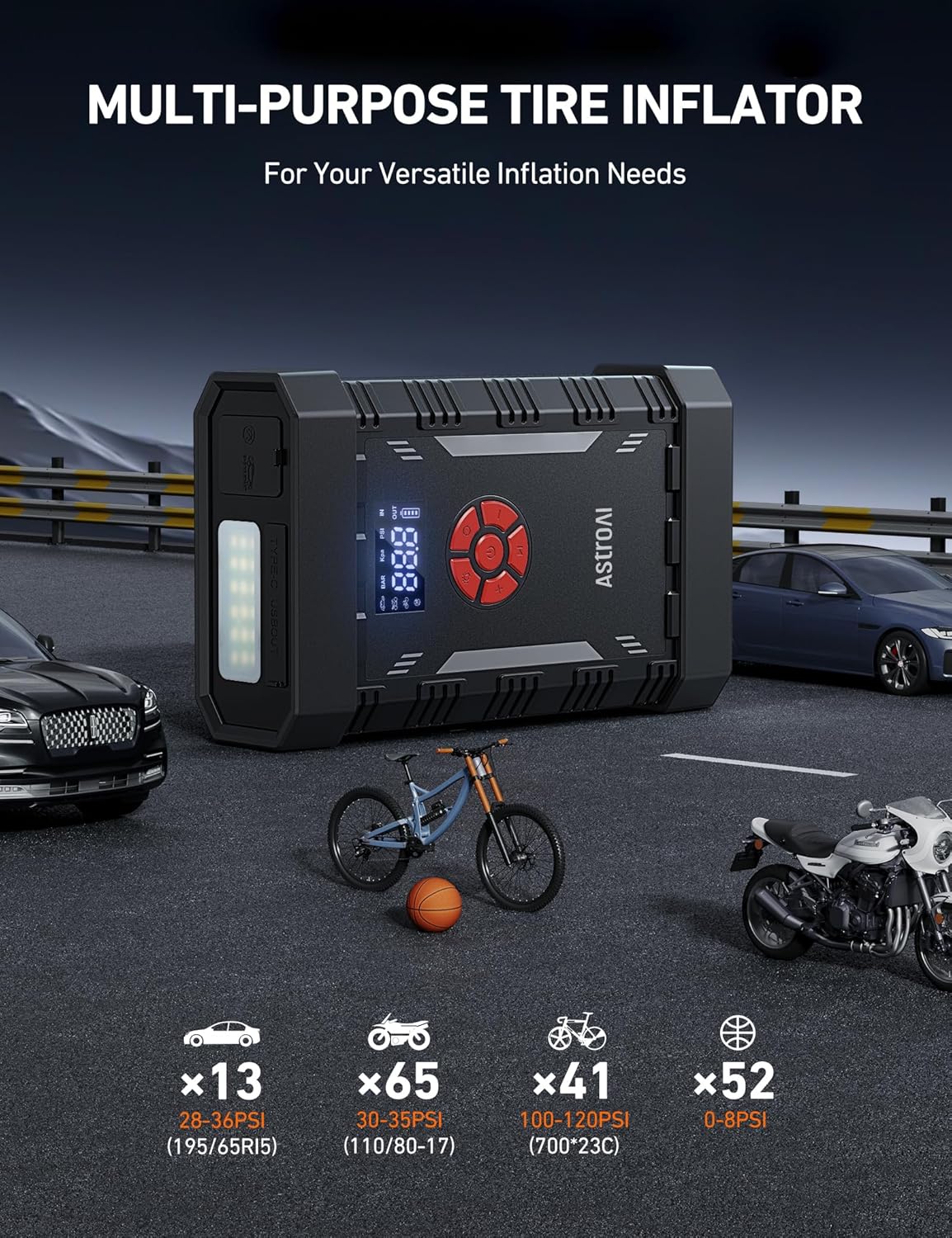 AstroAI S8 Air Jump Starter with Air Compressor, 3000A Peak Car Battery Jump Starter Portable (9.0 Gas/6.5L Diesel) with 150PSI Cordless Auto-Shutoff Tire Inflator, 12V Battery Charger Booster(Orange)