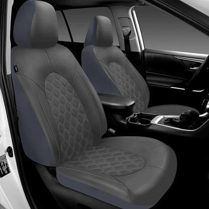 CAROMOP Luxury PU Leather Car Seat Covers Full Set-Waterproof Seat Protectors with Split Bench Seat Covers for Cars-Universal Cars Interior Covers for Sedans, SUVs, Pick-up Trucks(Gray/Gray Line)