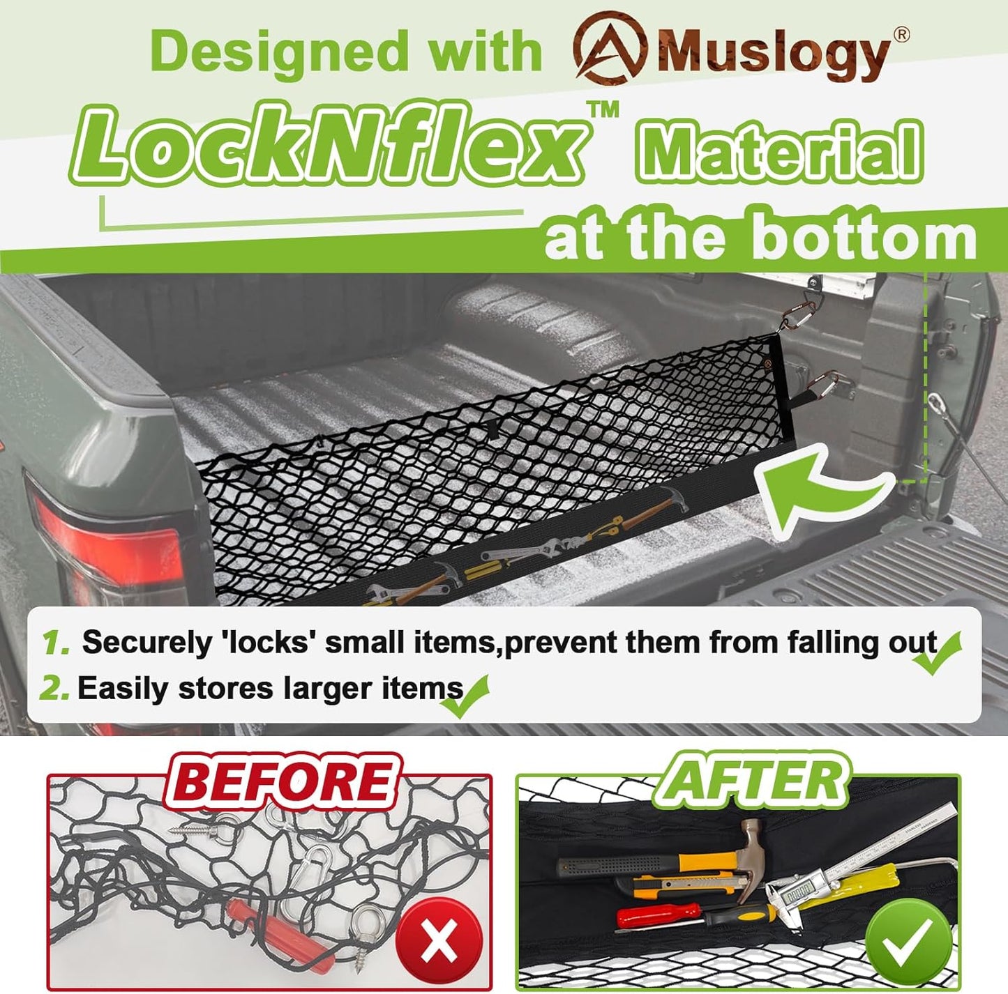 Muslogy Truck Bed Cargo Net Trunk Netting Compatible with 2023-2025 2026 Honda CR-V Accessories, Pickup Cargo Organizer SUV Sedan Storage Net w/Heavy Duty Carabiners - Colors A