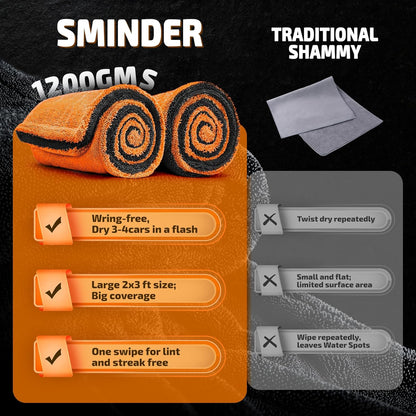 SMINDER 2-Pack 1200 GSM Car Drying Towels – Microfiber Towels for Cars (36" x 24"), Ultra-Absorbent, Streak-Free, Scratch-Free, No Water Spots, Double-Twist Pile & Edgeless Design