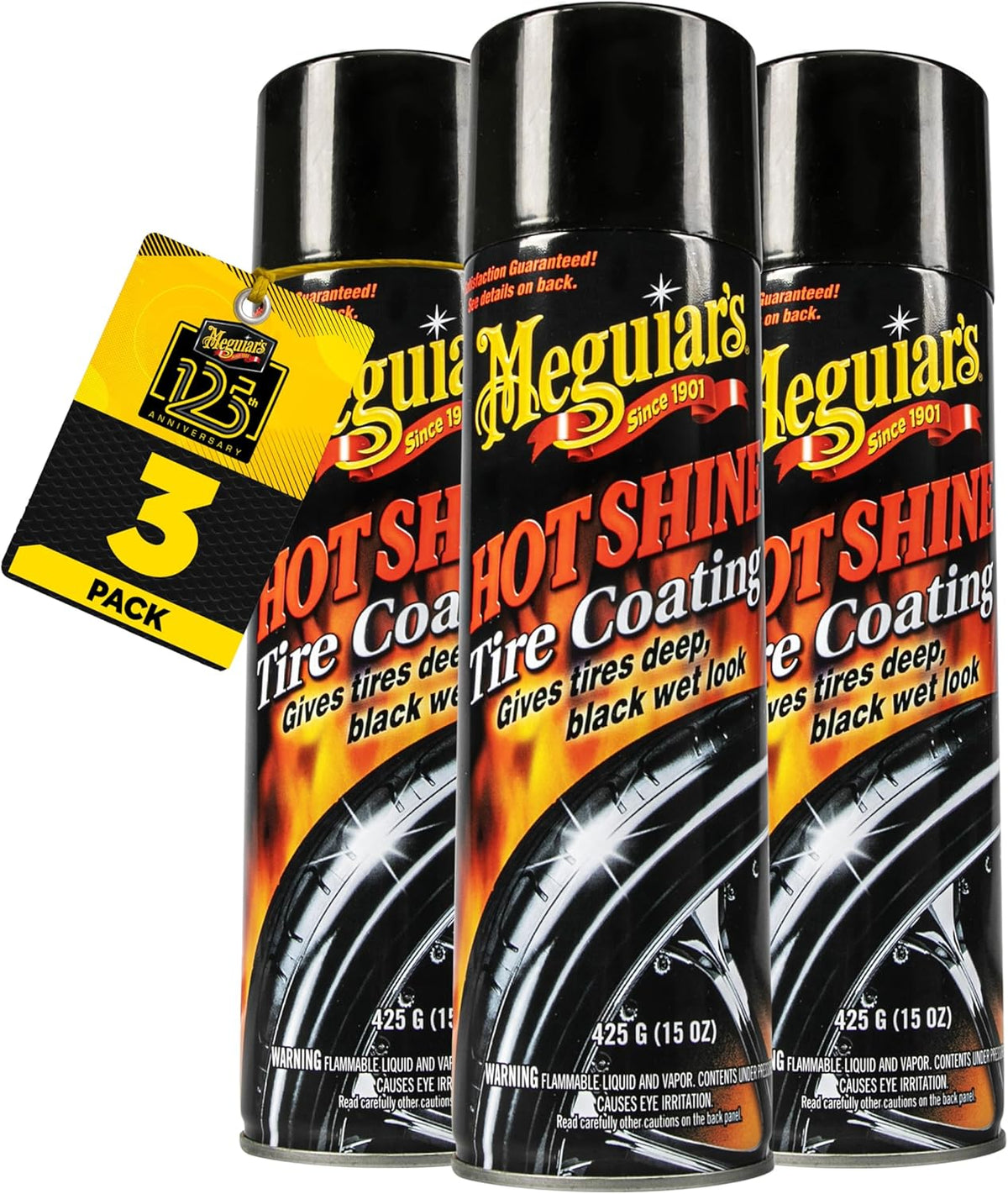 Meguiar's Hot Shine High Gloss Tire Coating - Get Long-Lasting Tire Protection and Glossy Tires with a Wet Look Shine, 3 Pack of 15 Oz Aerosol Cans