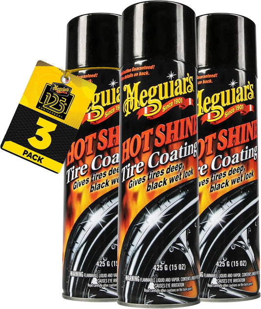 Meguiar's Hot Shine High Gloss Tire Coating - Get Long-Lasting Tire Protection and Glossy Tires with a Wet Look Shine, 3 Pack of 15 Oz Aerosol Cans