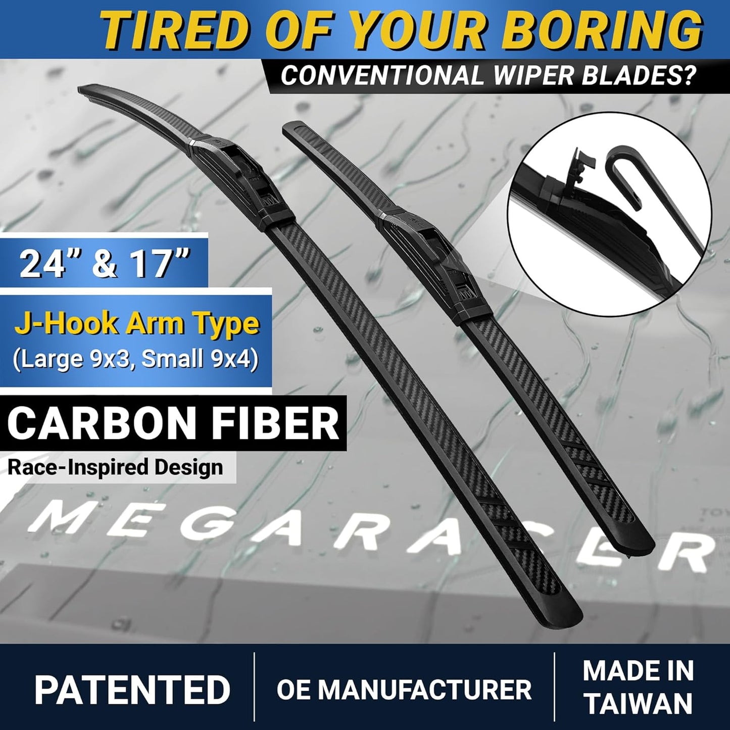 Premium Silicone Carbon Fiber Windshield Wiper Blades 22" & 20" - Patented All-Season, Quiet & Smooth Streak-Free Clean Wipe, OEM Quality, Front Automotive Replacement Wipers for Car & Truck (2 Pack)