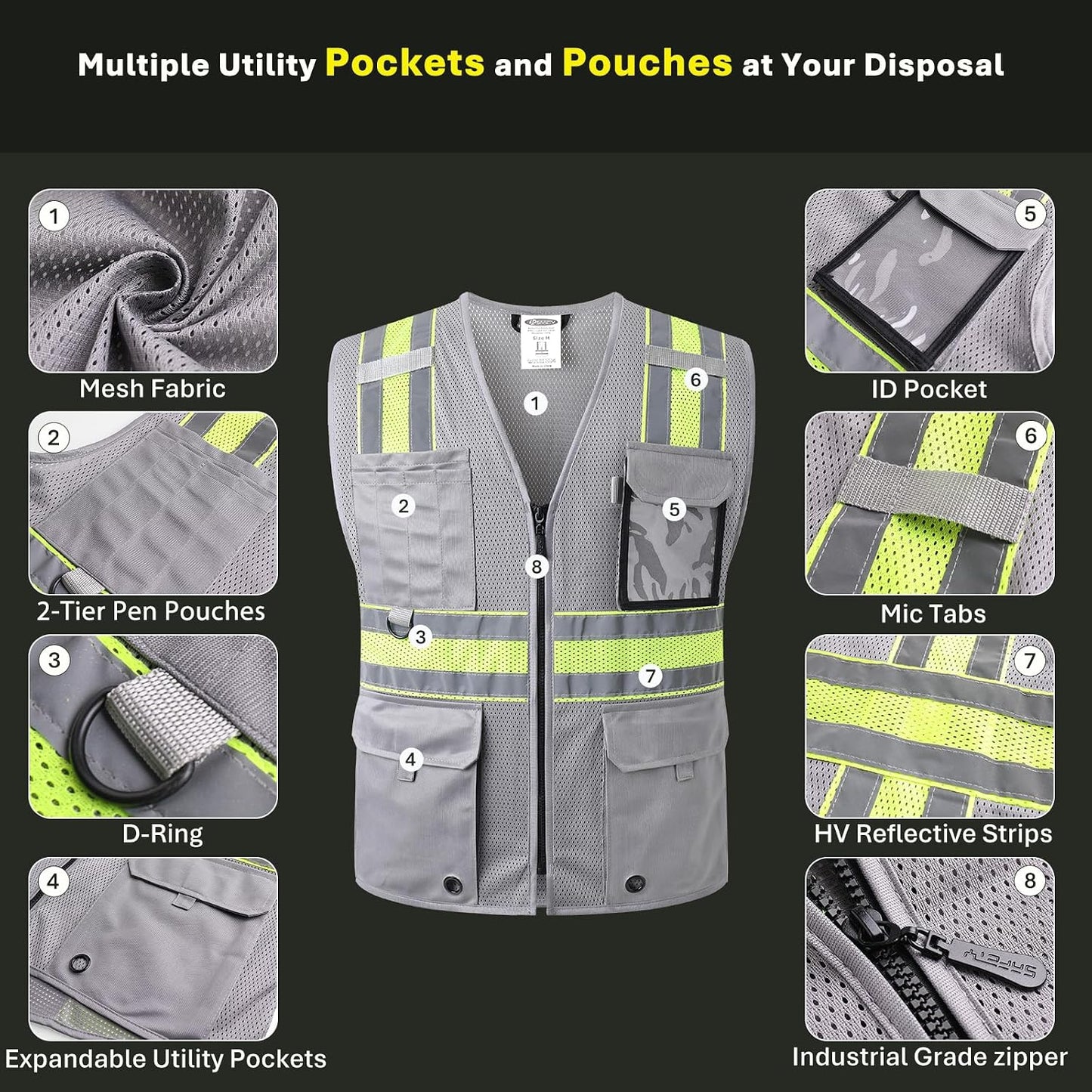 JKSafety Safety Vest for Men Women Hi Vis Relfective Vest with Pockets High Visibility Meet ANSI Standard