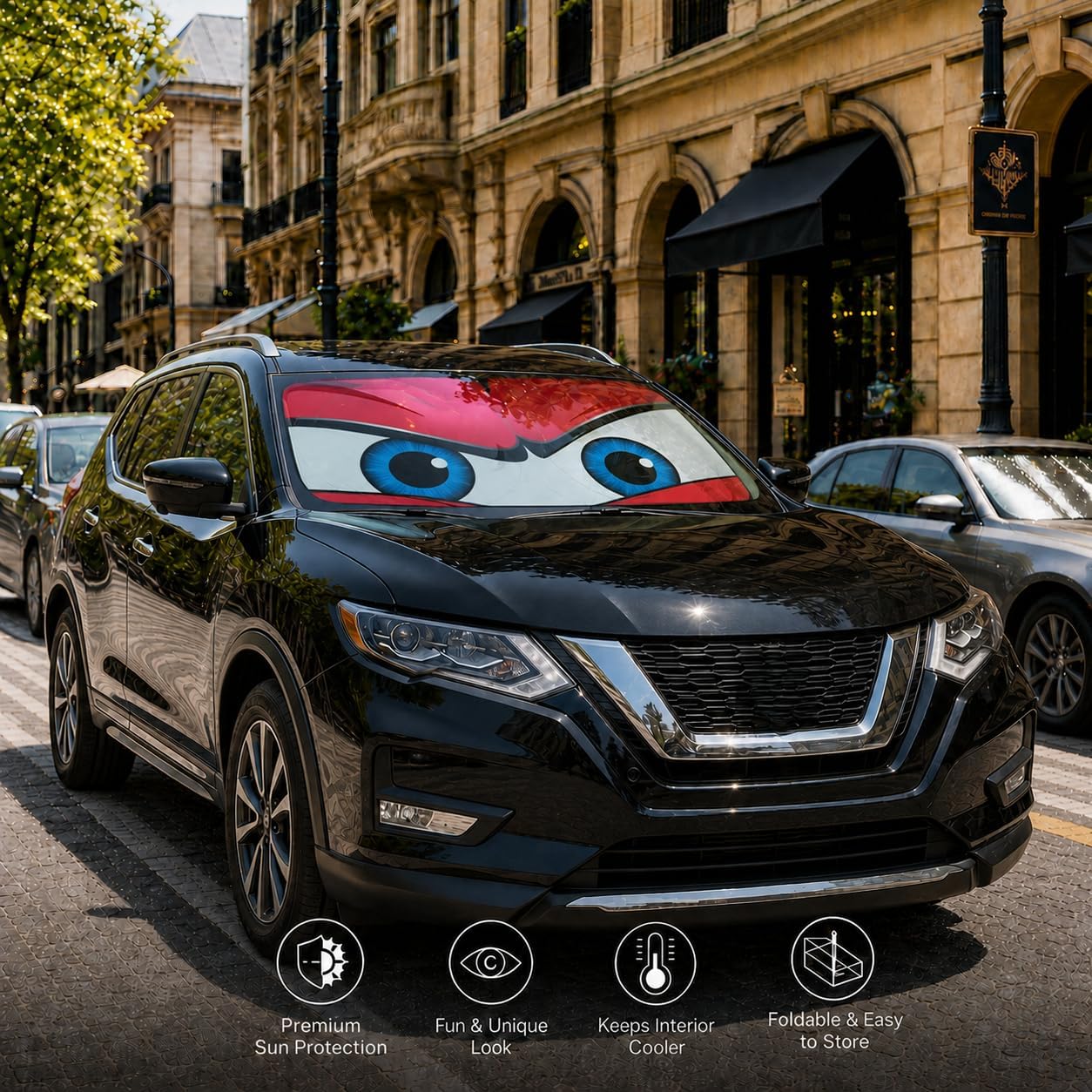Car Windshield Sun Shade, Funny Cartoon Eyes Sun Visor for Car Windshield Universal Fits Sedan Compact Car Hatchback SUV, UV Heat Protection - 59 x 27.5