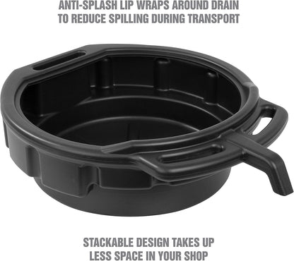 OEMTOOLS 87034 Oil Drain Pan, 4 Gallon Oil Pan, Heavy Duty Polyethylene, Pour Spout, No-Splash Lip, 3 Ergonomic Handles, Stackable Design