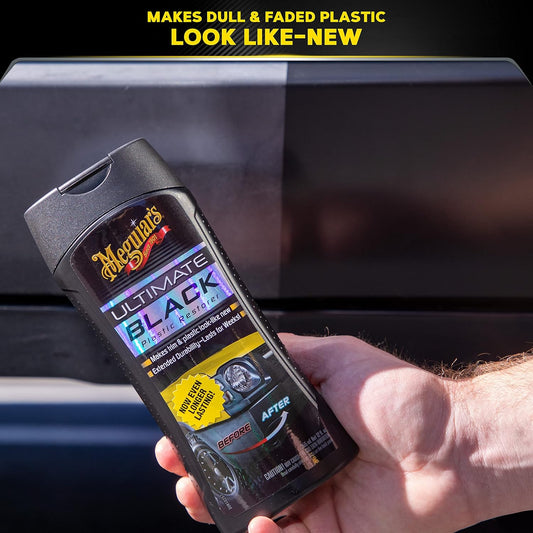 Meguiar's Ultimate Black Plastic Restorer, Durable Car Restorer for Faded Black Plastic, Vinyl, and Rubber, Restores Deep Color and Shine, for Car Guys, 12 Oz