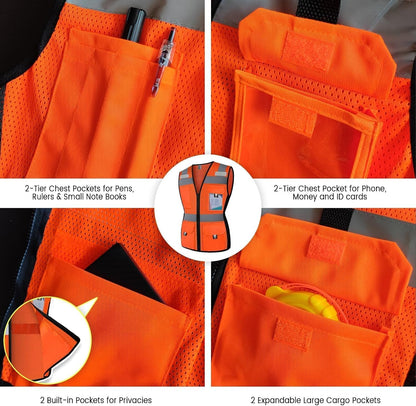 Reflective Vest for Women, Mesh Womens Safety Vest with 11 Pockets and Zipper, Hi Vis Neon Construction Work Vest for Lady Surveyors/Workers, Snugly-Fitted, ANSI Compliant (U-Yellow, S)