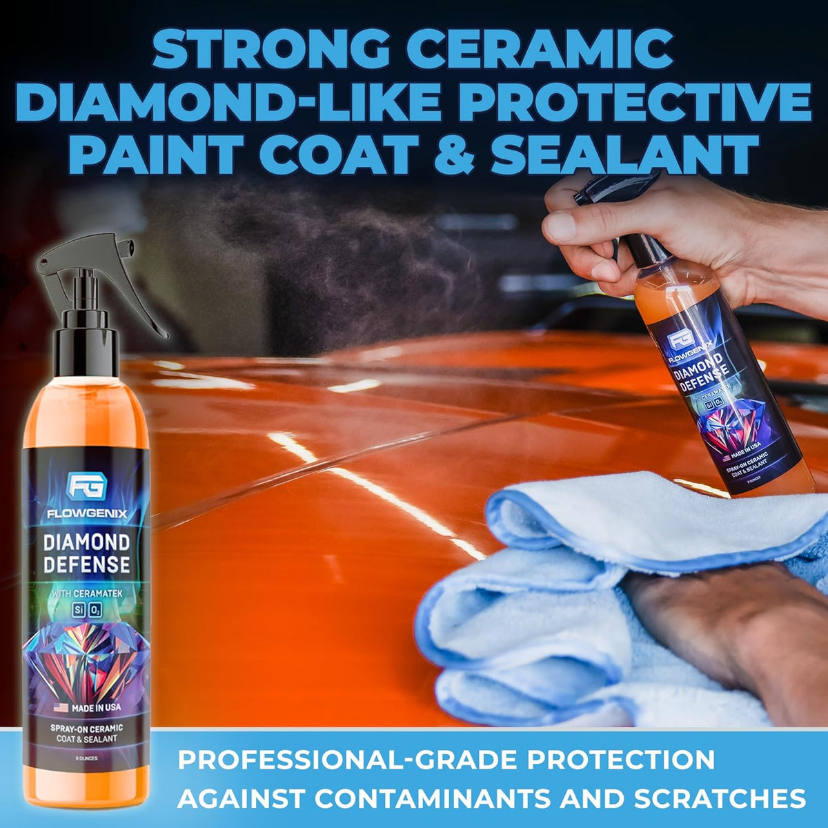 Flowgenix™ Waterless Car Wash Spray - Grand Finale - Motorcycle Cleaner & Car Wax Polish (8 oz) - Ceramic Coating - Incl. 2 Microfiber Towels - Quick Detailer Spray to Make Your Vehicle Shine