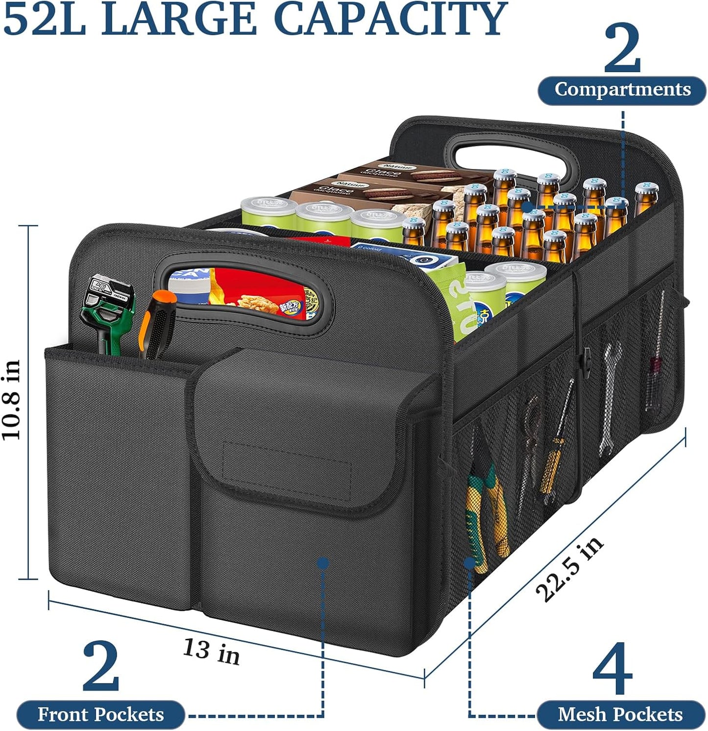 Femuar Car Trunk Organizer with Large Capacity Waterproof Car Accessories for Women & Men, Collapsible Trunk Organizer for Suv/Jeep/Sedan,Tools (Black, Standard)