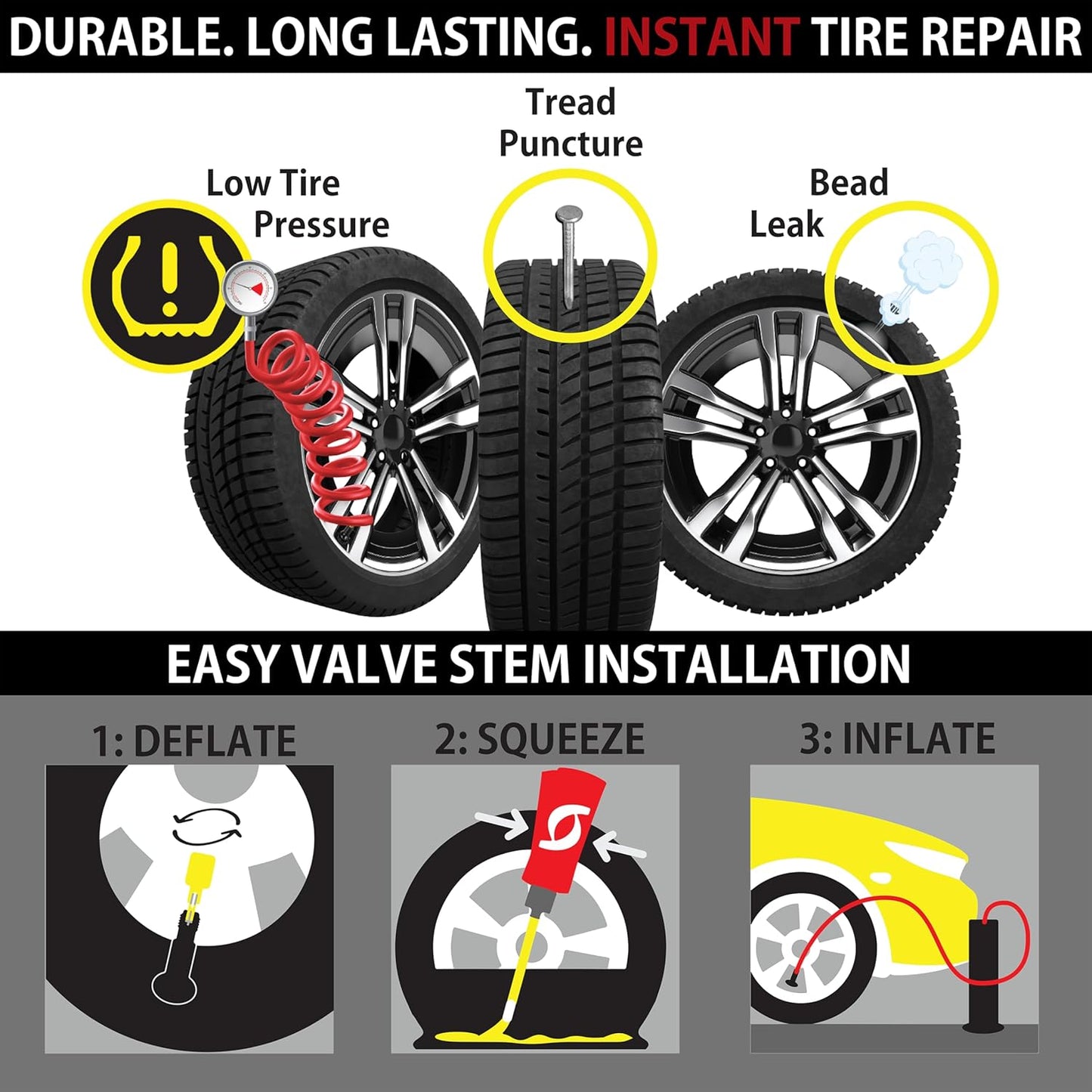TireJect Automotive Compact Car 2-in-1 Tire Sealant & Bead Sealer Kit for tire Repair of leaks and punctures
