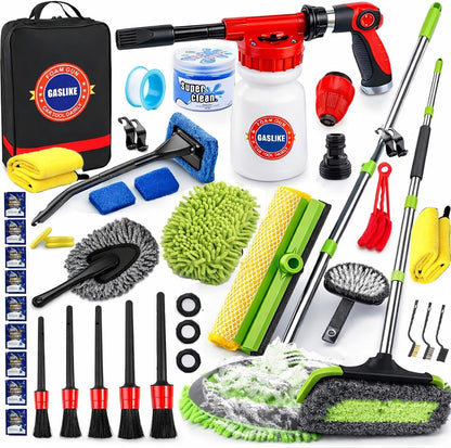 56Pcs Car Wash Cleaning Kit with Foam Gun, Car Wash Brush with Long Handle, Car Detailing Kit, Car Wheel Brush for Car Cleaning Supplies, Adjustable Hose Wash Sprayer-Quick Connector to Any Hose
