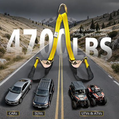 2" x 4' Axle Tie Down V-Bridle Recovery Tow Traile Strap 4700LBS | Polyester Webbing w/Cordura Sleeves and Axle Straps, Snap Hooks Design, Middle D-rings Design, Ideal for All Vehicle Models