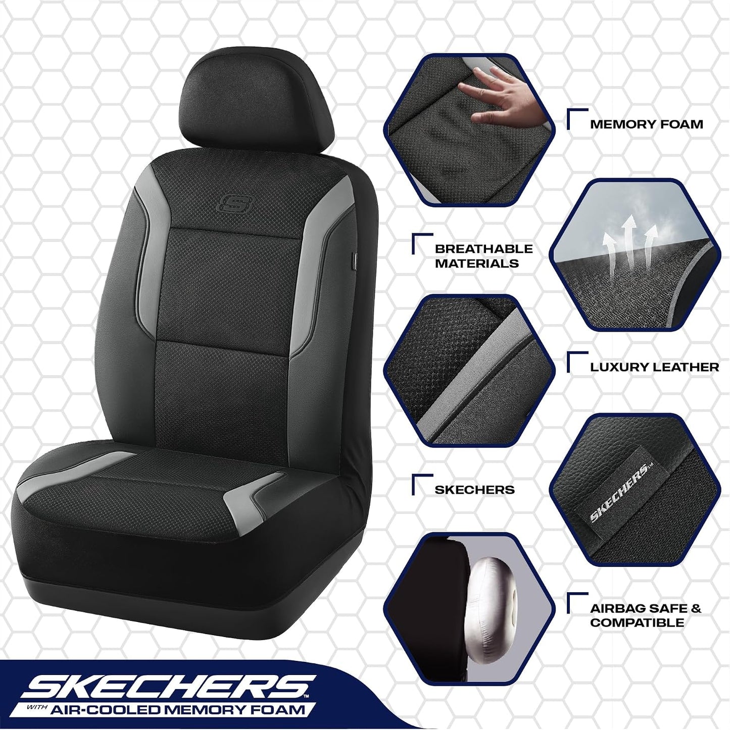 Skechers Memory Foam Seat Covers, Air Cool Mesh Thick Car Seat Covers, Car Seat Covers Front Seats Airbag Compatible, Universal Automotive Comfort for Most Cars, Vans, Trucks, SUV,Black