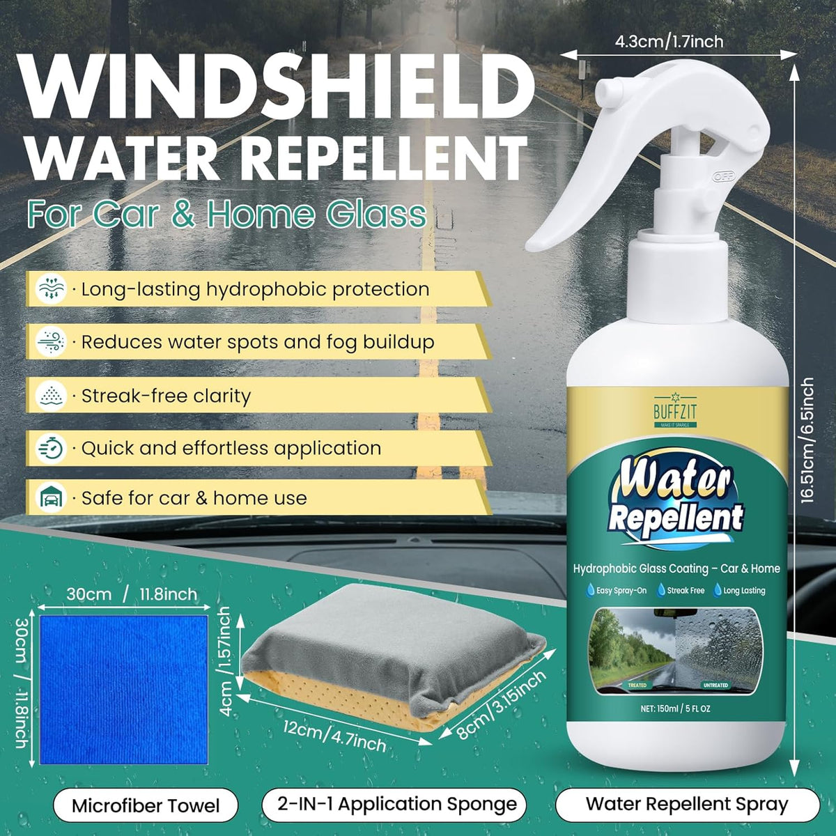 Glass Water Repellent Spray - Hydrophobic Rain Repellent for Car Windshield, Shower Doors, Windows & Mirrors - Long-Lasting Waterproof Treatment, Streak-Free Vision, Prevents