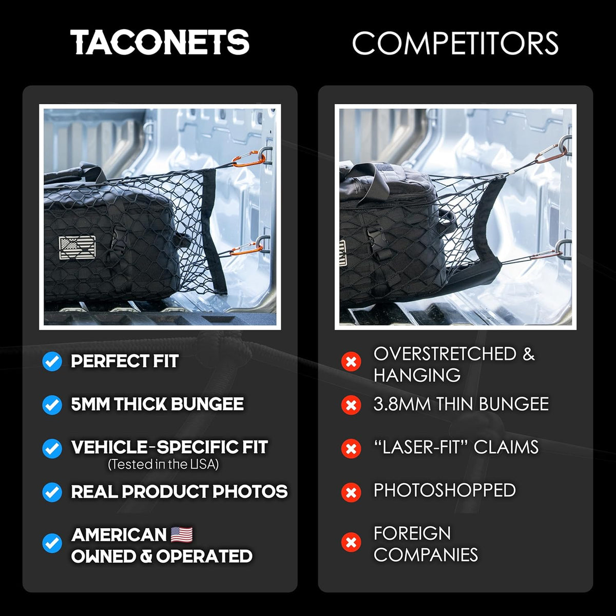 TacoNets Envelope Cargo Net for GMC Sierra & Chevy Silverado - Fits 2013-Current - Upgraded 5mm Bungee - Integrated Storage Bag - Heavy Duty Carabiners - Designed in USA