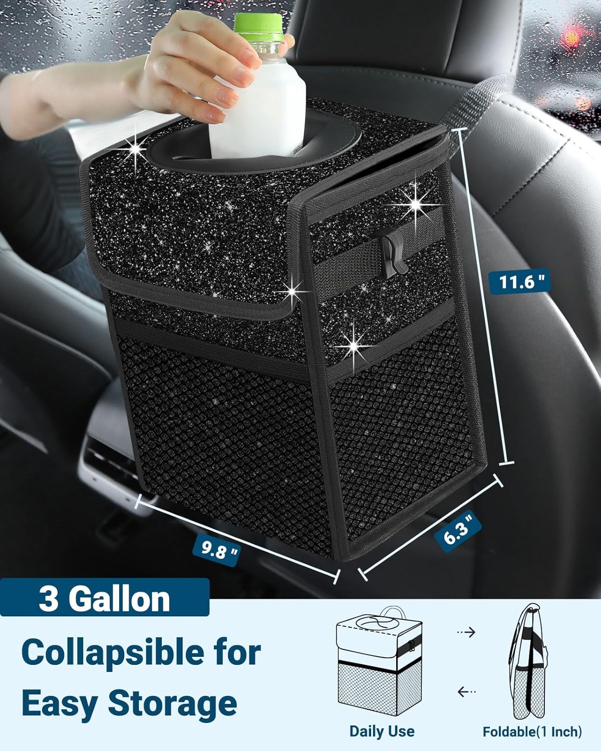 Capolo Car Trash Can with Lid, Leakproof Car Trash Bag Hanging Waterproof Automotive Garbage Can with Storage Pockets Mini Vehicle Trash Bin for Back/Front Seat(Black,2.5 Gallon)