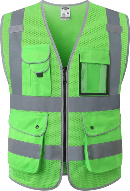 JKSafety 9 Pockets Class 2 High Visibility Zipper Front Safety Vest With Reflective Strips,Meets ANSI/ISEA Standard (Large, 150-Yellow) - Colors B