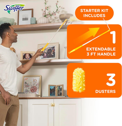 Swiffer Duster Kit with 3 ft Extendable Handle, Heavy Duty Dusting Starter Kit with 3 Refills, for Ceiling Fans, Vents and Hard to Reach Places