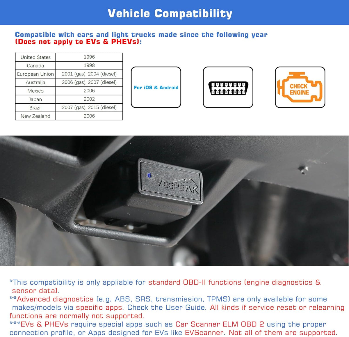 Veepeak OBDCheck BLE Bluetooth OBD II Scanner for iOS & Android, Car Wireless Check Engine Light Code Reader Diagnostic Tool