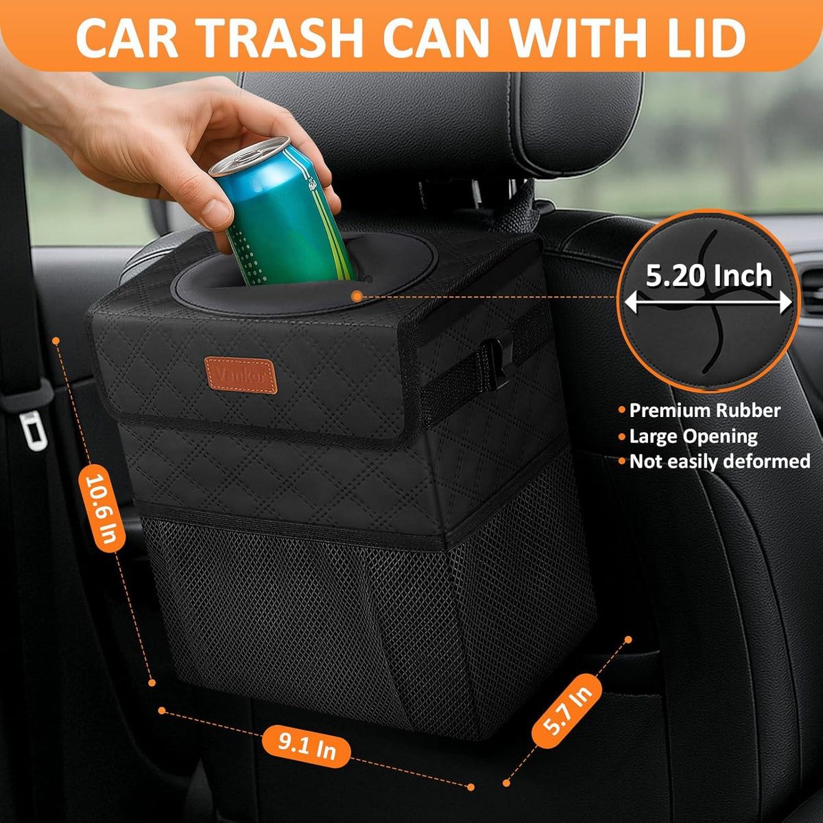 Vankor Car Trash Can Bin with Lid Hanging for Back Seat, Car Accessories for Women Men Leak Proof Automotive Garbage Cans Leakproof Vehicle Trash Can for Truck SUV Black