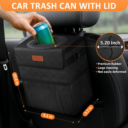 Vankor Car Trash Can Bin with Lid Hanging for Back Seat, Car Accessories for Women Men Leak Proof Automotive Garbage Cans Leakproof Vehicle Trash Can for Truck SUV Black