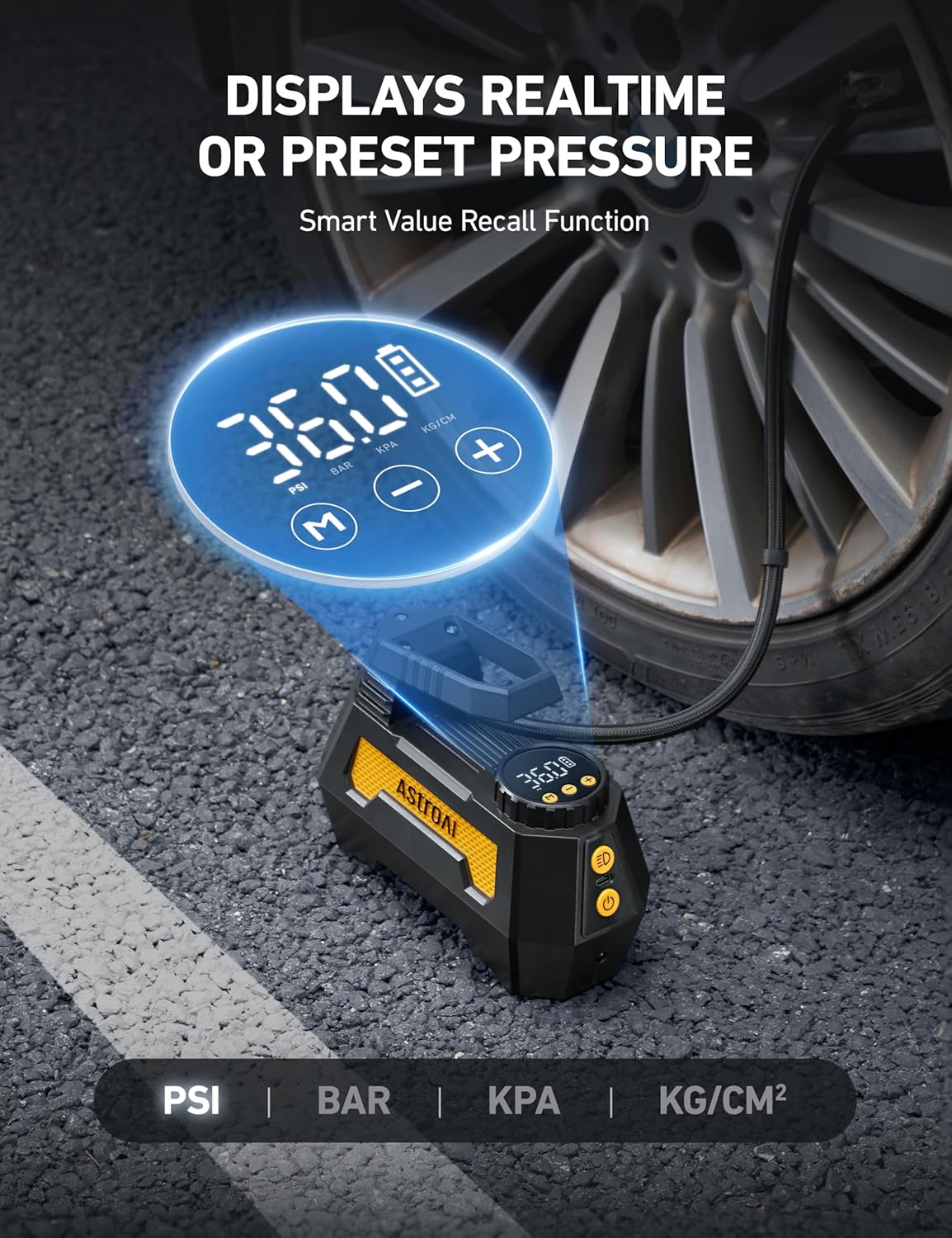 AstroAI H2 Pro Cordless Tire Inflator Portable Air Compressor Tire Pump with DC 12V & Battery Dual Power Supply Digital Pressure Gauge Fast Inflation Air Pump for Car Tires Motorcycles Bikes Yellow