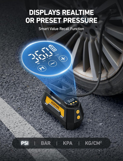 AstroAI H2 Pro Cordless Tire Inflator Portable Air Compressor Tire Pump with DC 12V & Battery Dual Power Supply Digital Pressure Gauge Fast Inflation Air Pump for Car Tires Motorcycles Bikes Yellow