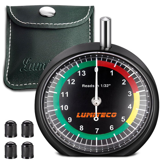 LUMITECO Tire Tread Depth Gauge, Dial Type Tire Depth Gauge Reads in 1/32" for Tread Wear, Professional Pocket Tire Gauge with Case for Truck, Motorcycle, Car and Bus Tyre in 32nds