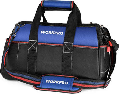 WORKPRO 16-inch Wide Mouth Tool Bag with Water Proof Molded Base | Multi-Pocket, Heavy Duty Cloth, Adjustable Shoulder Strap, Double-pull Zipper, For Workshops, Outdoor Projects
