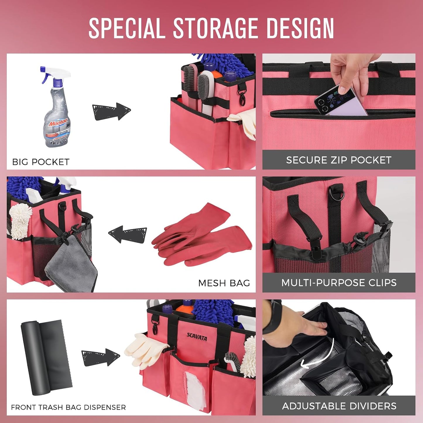 SCAVATA Wearable Cleaning Caddy Bag, Supplies Organizer with Handle & Shoulder Straps for Housekeepers, Under Sink & Car Cleaning Tool Organizer with 4 Foldable Dividers (Black)