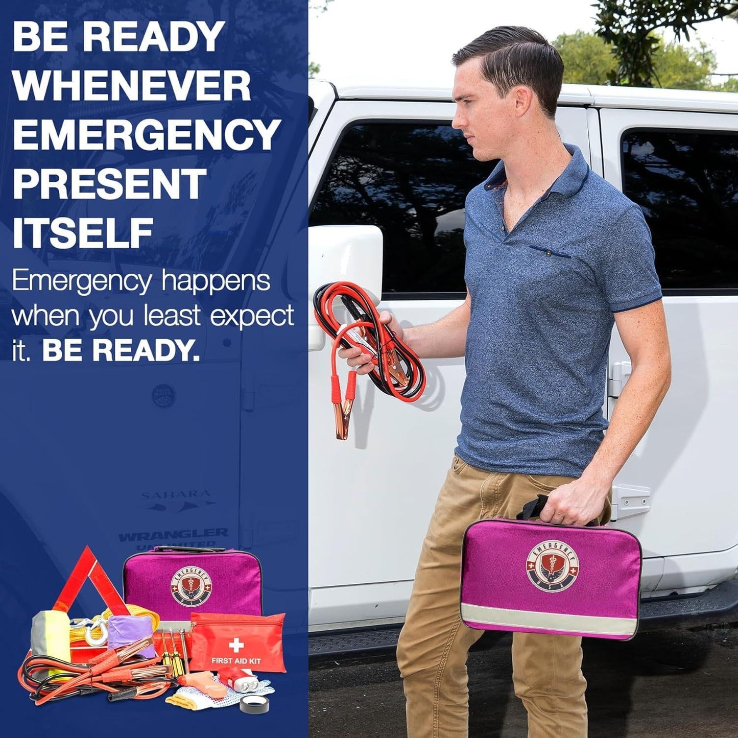 Roadside Car Emergency Kit - First Aid Set, Jumper Cables, Tow Strap, LED Flash Light, Rain Coat, Tire Pressure Gauge, Safety Vest and More (Black)