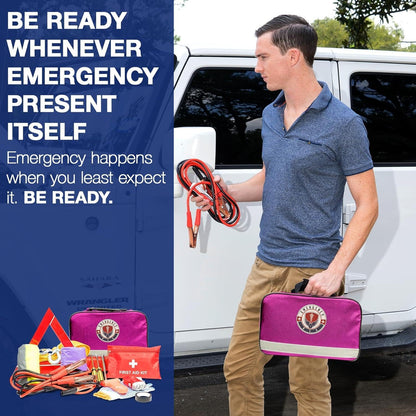 Roadside Car Emergency Kit - First Aid Set, Jumper Cables, Tow Strap, LED Flash Light, Rain Coat, Tire Pressure Gauge, Safety Vest and More (Black)