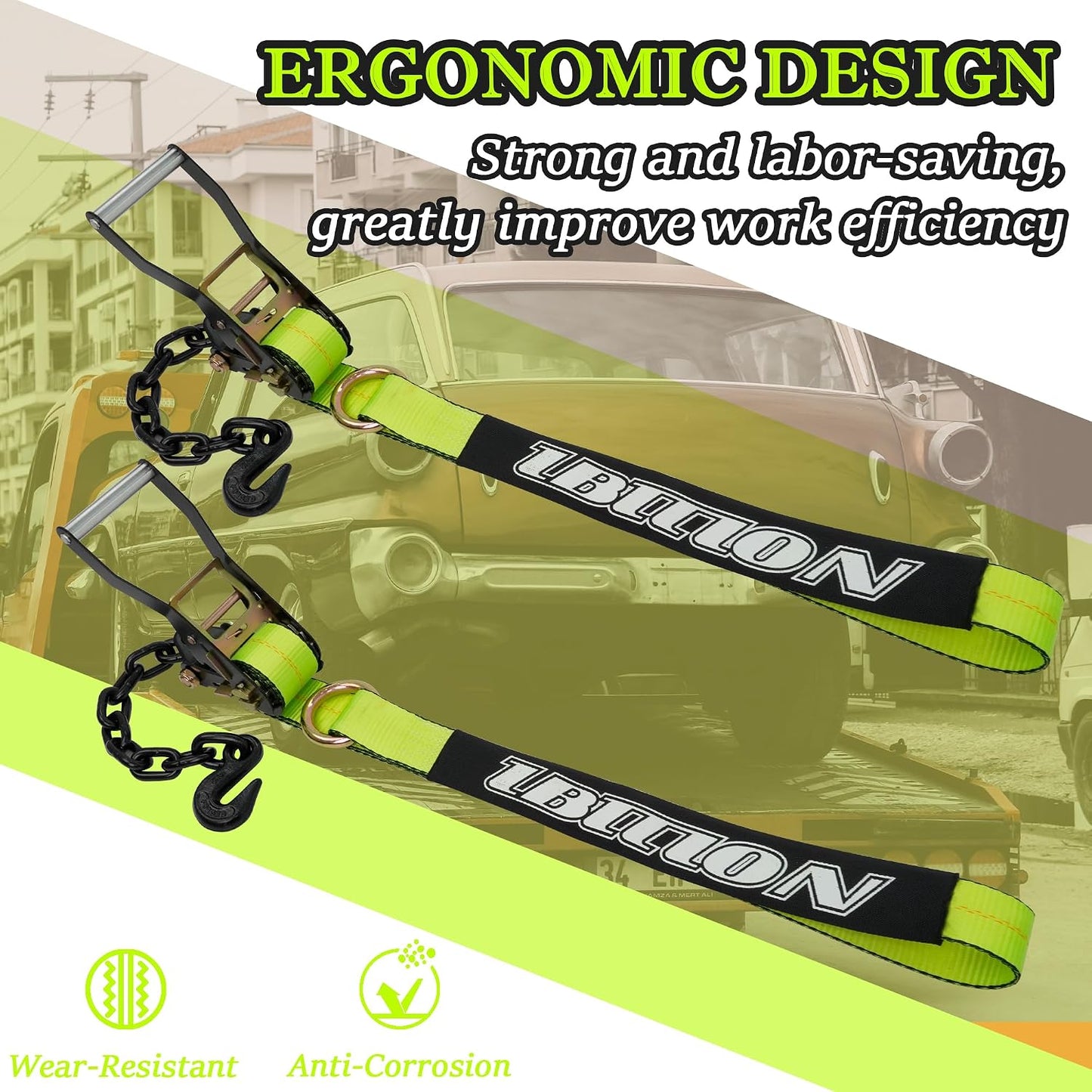 4 Pack Car Tie Down Straps for Trailers with Heavy Duty Chain Anchors 2" x 96" - 3,300 lbs Safe Working Load -Adjustable Wheel Straps with Chain Hook Anchors for Trailers.Orange